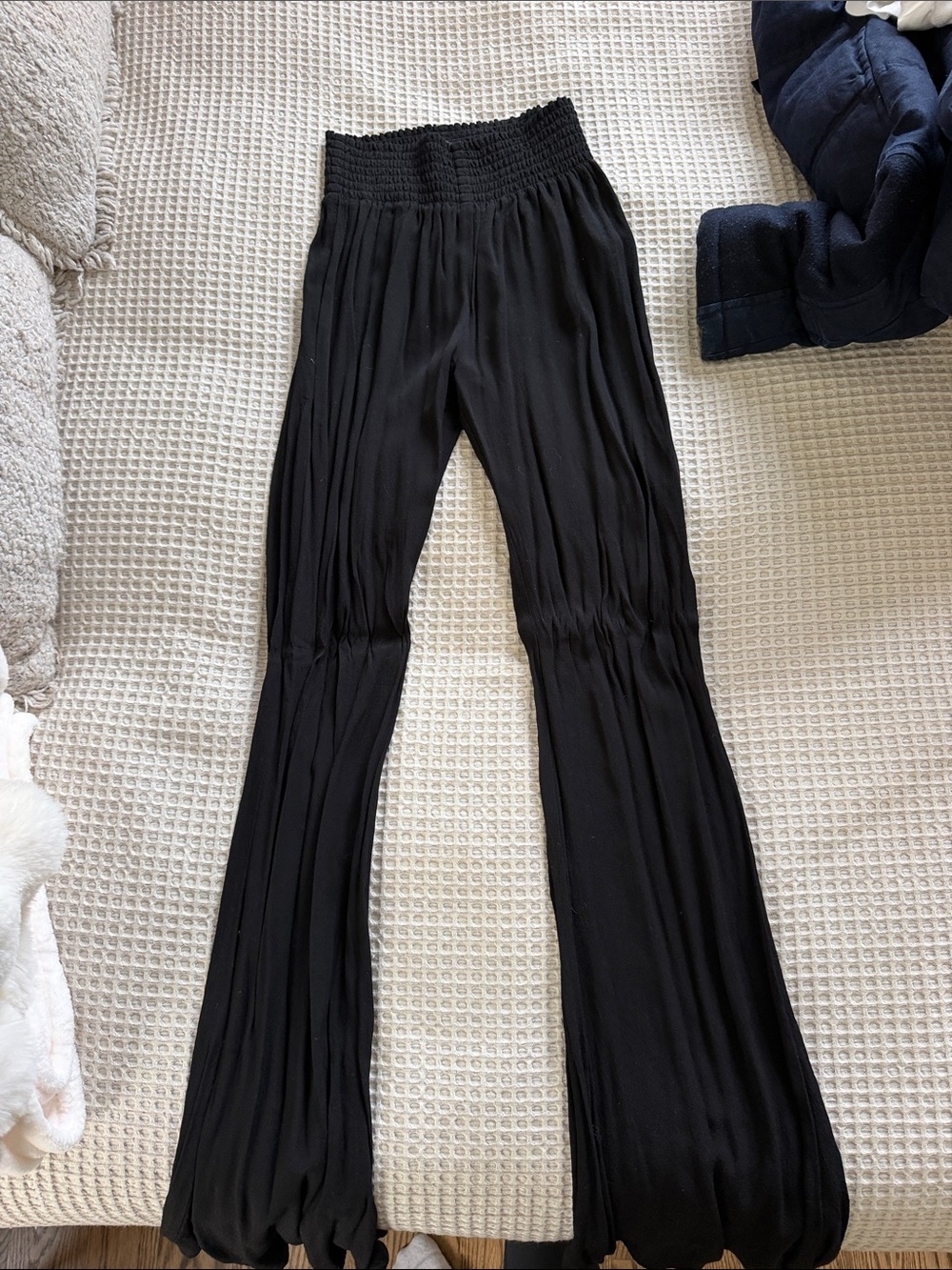 Zara Black Smocked-Waist Flared Palazzo Pants